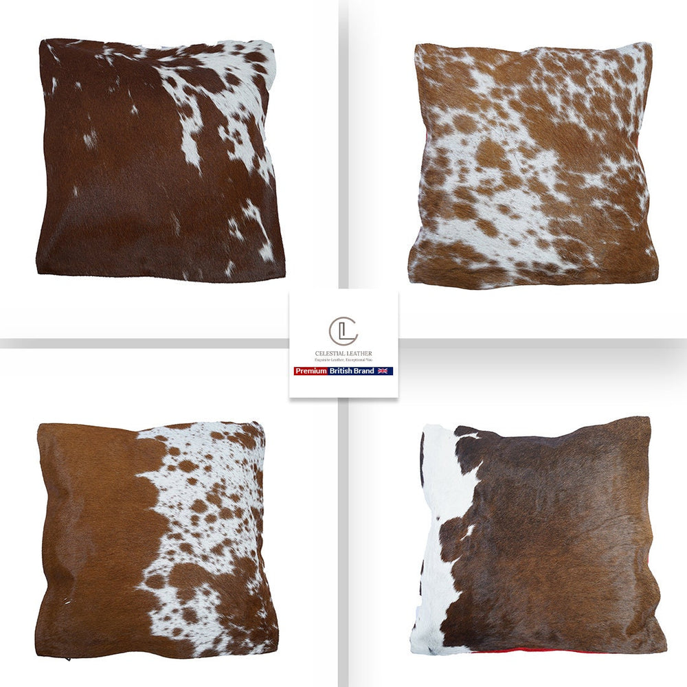 Rustic Elegance Cowhide Cushion Cover with Velvet Back - Handmade Luxury Accent Pillow Case in Brown, Black, and White - Celestial Leather Limited