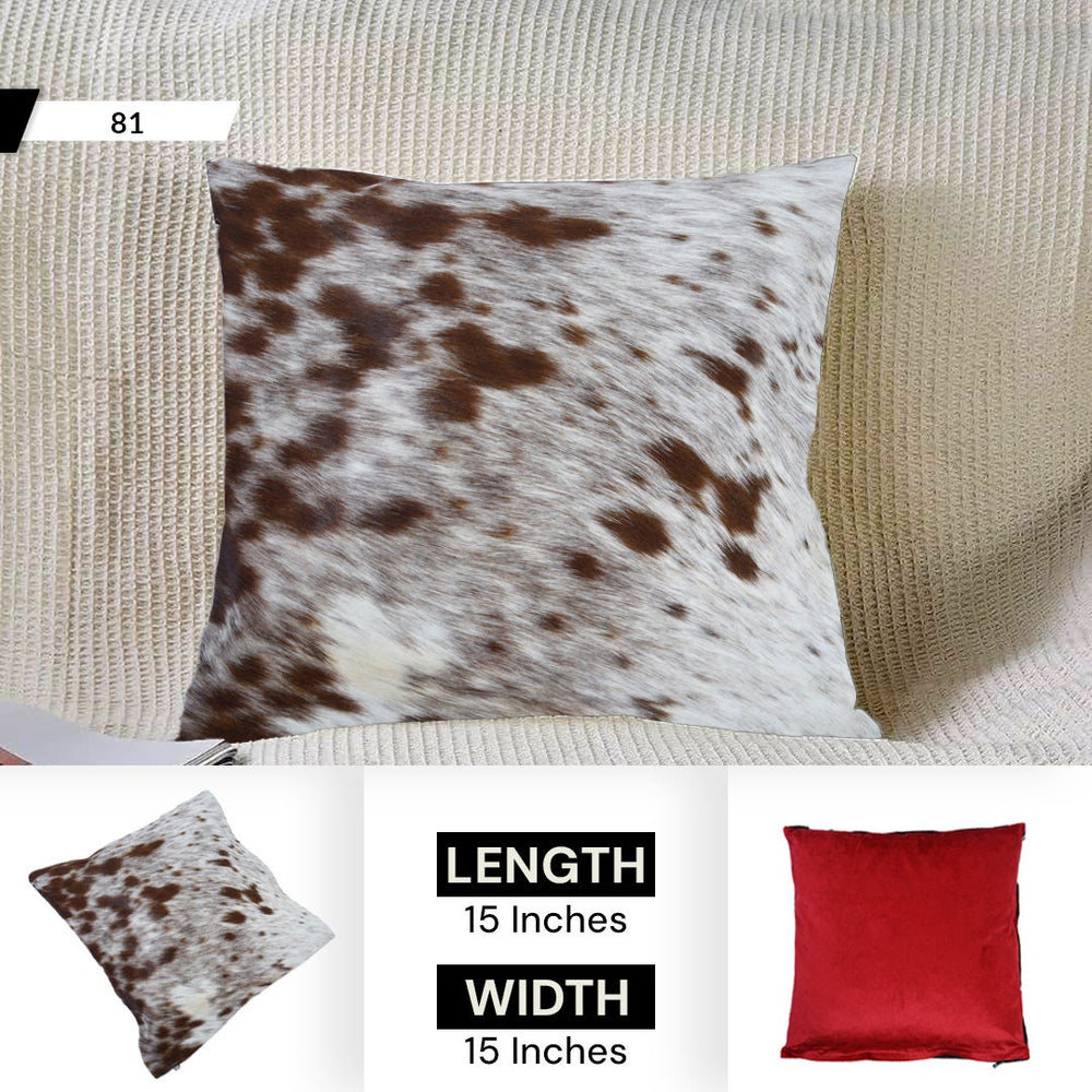Rustic Cowhide Cushion Cover with Velvet Back - Handmade Reversible Hair On Pillow Case in Brown, Black, and White - 15x15 inches - Celestial Leather Limited