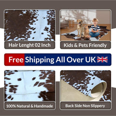 Luxury Handcrafted Medium Brown & White Cowhide Rug for Bedroom/Living Room Décor - Hypoallergenic, Non-Slip Backing, Durable - Unique