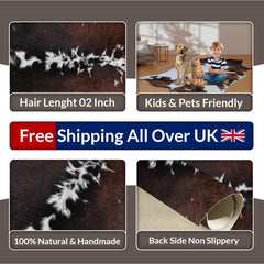Exquisite Dark Brown and White Cowhide Rug for Elegant Living Room Decor - Small Size, Hypoallergenic, Non-Shedding, Free UK Shipping