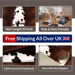 Luxury Brown & White Cowhide Rug for Elegant Home Decor - Hypoallergenic, Non-Slip Backing, Non-Shedding - Large Size, Free UK Shipping