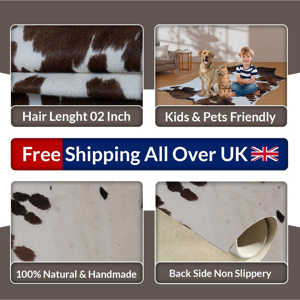 Luxury Brown and White Cowhide Rug for Elegant Home Decor - Hypoallergenic, Non-Slip, Non-Shedding - Large Size - Free Shipping in UK - Celestial Leather Limited