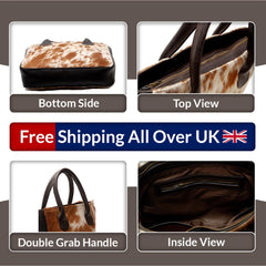 Stylish Brown and White Cowhide Shoulder Bag, Handmade Tote with Animal Print, Spacious and Versatile, Easy to Clean, Fast Shipping