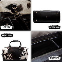 Luxury Genuine Cowhide Leather Duffle Bag - Brown & White Travel Tote Carry-On with Pony Hair Fur Finish - Adjustable Strap