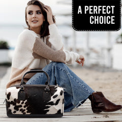 Luxury Genuine Cowhide Leather Duffle Bag - Brown & White Travel Tote Carry-On with Pony Hair Fur Finish - Adjustable Strap