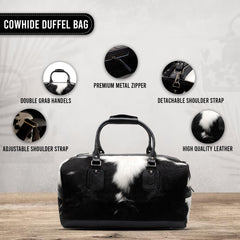 Handcrafted Black White Cowhide Leather Duffle Bag for Stylish Travelers - Premium Quality Carry-On Tote for Men & Women
