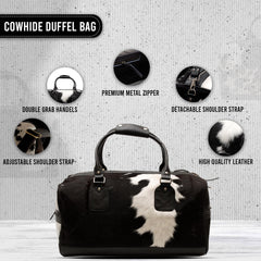 Luxury Hair-On-Hide Leather Duffle Bag with Full-Grain Accents - Handcrafted Travel Tote for Men & Women in Black and White