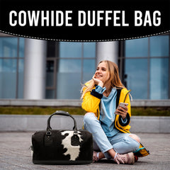 Luxury Hair-On-Hide Leather Duffle Bag with Full-Grain Accents - Handcrafted Travel Tote for Men & Women in Black and White