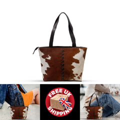 Stylish Brown and White Cowhide Shoulder Bag with Natural Animal Print - Handmade Leather Tote for Women - Trendy Daily Handbag