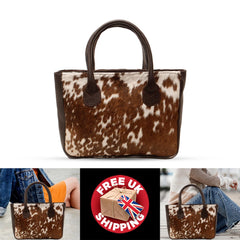 Stylish Brown and White Cowhide Shoulder Bag - Handmade Animal Print Leather Tote with Fast Worldwide Shipping