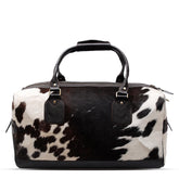 Luxury Genuine Cowhide Leather Duffle Bag - Brown & White Travel Tote Carry-On with Pony Hair Fur Finish - Adjustable Strap
