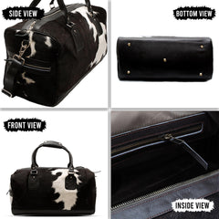 Luxury Hair-On-Hide Leather Duffle Bag with Full-Grain Accents - Handcrafted Travel Tote for Men & Women in Black and White