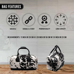 Luxury Genuine Cowhide Leather Weekend Bag with Natural Pony Hair Finish in Black and White - Stylish Duffle for Men and Women