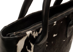 Stylish Dark Brown and White Cowhide Tote Bag - Handmade with Genuine Leather, Spacious Interior, Unique Patterns, Easy to Clean