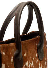 Handmade Brown and White Cowhide Shoulder Bag - Chic Leather Tote with Stylish Animal Print Design, Spacious and Versatile Daily Handbag