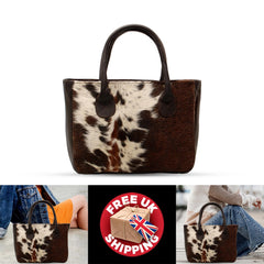 Modern Brown and White Cowhide Shoulder Bag with Natural Animal Print - Handmade Leather Purse for Women’s Casual Style
