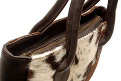 Modern Brown and White Cowhide Shoulder Bag with Natural Animal Print - Handmade Leather Purse for Women’s Casual Style