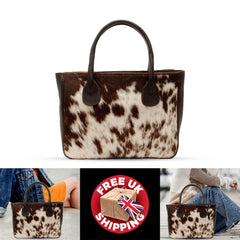 Fashionable Dark Brown and White Cowhide Shoulder Bag - Handmade Leather Tote for Women, Stylish Daily Handbag with Natural Animal Print