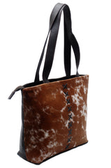 Stylish Brown & White Cowhide Shoulder Bag with Animal Print - Handmade Leather Tote for Women, Spacious - Fashionable Everyday Purse