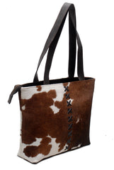 Cowhide Shoulder Bag - Brown & White Hair On Hide Purse, Handmade Leather Tote, Stylish Daily Handbag with Fast Worldwide Shipping