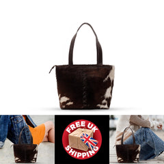 Stylish Cowhide Shoulder Bag for Women - Handmade Brown & White Leather Purse with Unique Animal Print, Spacious and Durable - Free UK