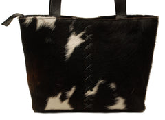 Stylish Black And White Cowhide Shoulder Bag with Zipped Pocket - Handcrafted Leather Purse for Women's Daily Use