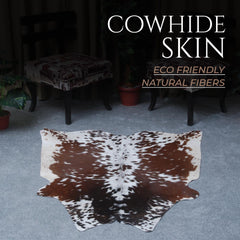 Luxurious Handcrafted Dark Brown & White Cowhide Rug - Hypoallergenic - Durable with Unique Markings, Medium Size for Chic Home Decor