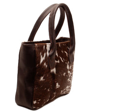 Stylish Brown and White Cowhide Shoulder Bag - Handmade Animal Print Leather Tote with Fast Worldwide Shipping