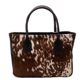 Stylish Brown and White Cowhide Shoulder Bag - Handmade Animal Print Leather Tote with Fast Worldwide Shipping