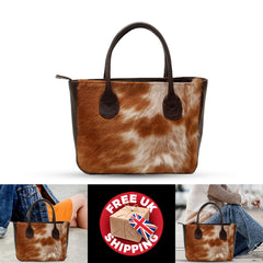 Chic Brown & White Cowhide Shoulder Bag - Handmade Leather Tote with Animal Print Variations, Versatile - Spacious Purse for Daily Use