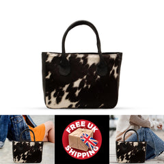 Stylish Black And White Cowhide Leather Shoulder Bag For Women - Handmade Fashion Tote With Ample Storage And Secure Zip Pocket