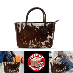 Chic Brown and White Cowhide Shoulder Bag - Spacious Hair On Leather Purse for Women - Handmade in South Asia with Unique Animal Print