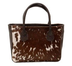 Stylish Dark Brown and White Cowhide Shoulder Bag - Handmade Leather Tote with Spacious Design, Fast Shipping Worldwide | Trendy Women's