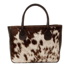 Fashionable Dark Brown and White Cowhide Shoulder Bag - Handmade Leather Tote for Women, Stylish Daily Handbag with Natural Animal Print
