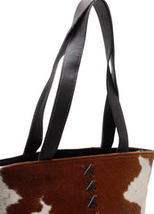 Stylish Brown and White Cowhide Shoulder Bag with Natural Animal Print - Handmade Leather Tote for Women - Trendy Daily Handbag