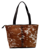 Stylish Brown & White Cowhide Shoulder Bag with Animal Print - Handmade Leather Tote for Women, Spacious - Fashionable Everyday Purse