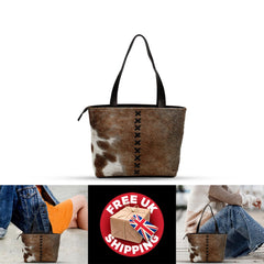 Stylish Brown And White Cowhide Shoulder Bag - Handmade Tote with Natural Animal Print, Spacious and Versatile for Daily Use