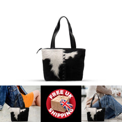 Handmade Black & White Cowhide Shoulder Bag - Stylish Hair-On Leather Purse for Women's Daily Use