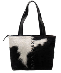 Handmade Black & White Cowhide Shoulder Bag - Stylish Hair-On Leather Purse for Women's Daily Use