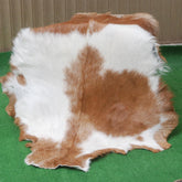 Luxury Brown and White Natural Goat Skin Rug with Modern Graphic Pattern for Stylish Wall Décor - Hypoallergenic and Non-Shedding,