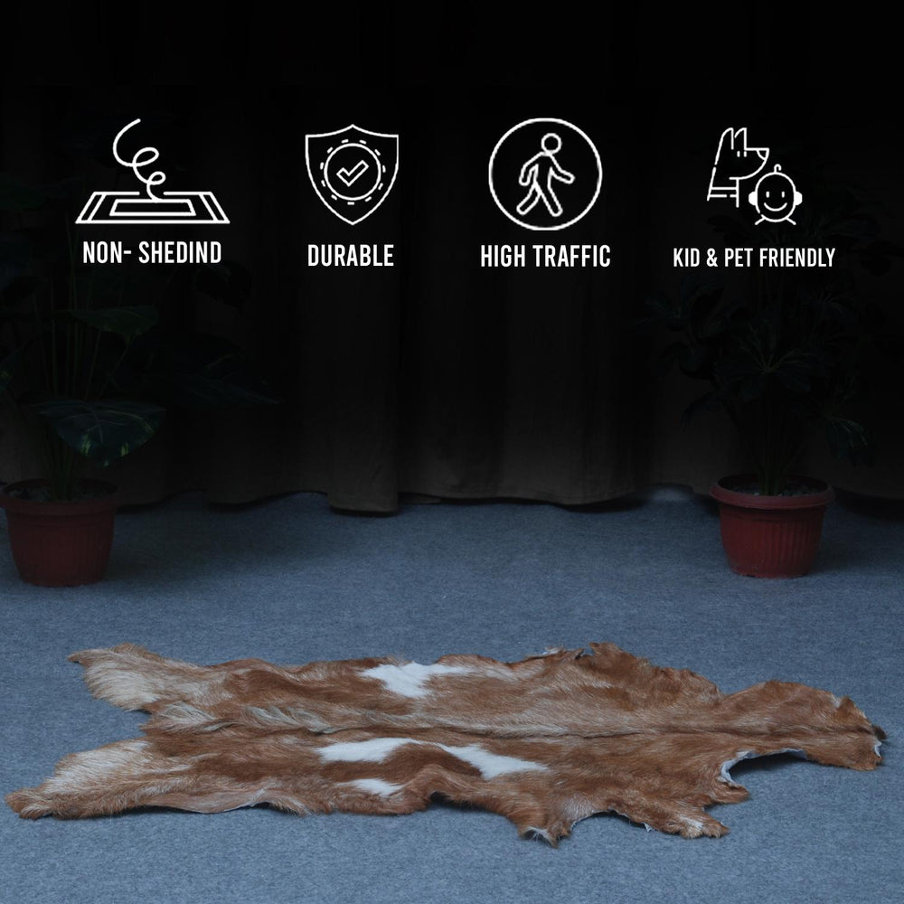 Luxurious Brown and White Natural Goat Skin Rug with Non-Slip Suede Back - Handcrafted Premium Hair-On Goat Hide Rug for Home Decor - Celestial Leather Limited