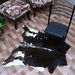 Luxurious Dark Brown and White Cowhide Rug - Handcrafted Small Animal Pattern Hide Rug, Hypoallergenic and Non-Slip Suede Back