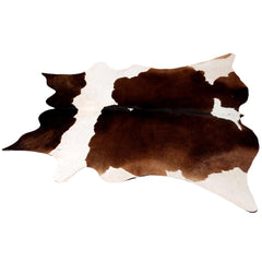 Luxury Medium Brown & White Cowhide Rug - Handcrafted Natural Hide with Soft Hair, Hypoallergenic, Non-Slip Backing, Unique Markings -