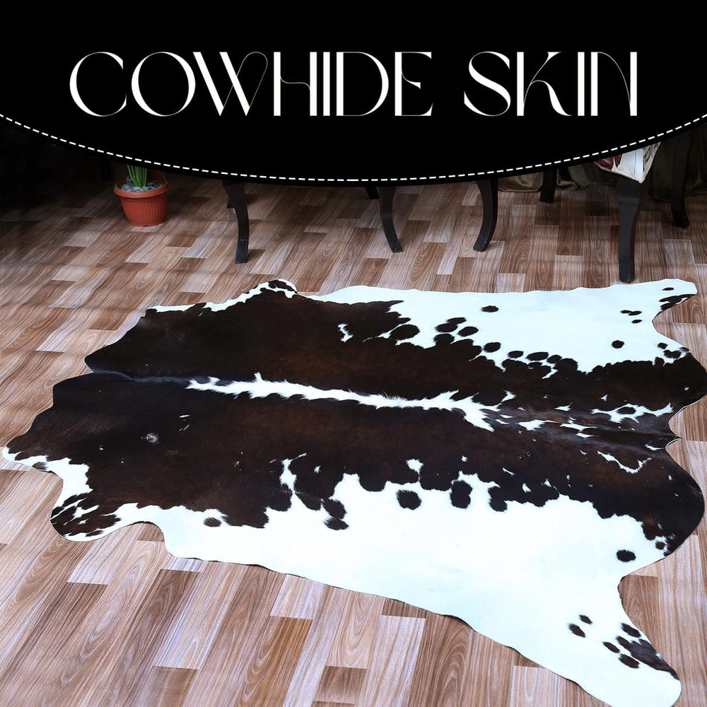 Luxurious Large Dark Brown & White Cow Skin Rug with Natural Hair for Bedroom or Living Room - Celestial Leather Limited