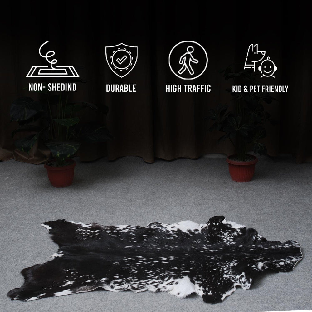 Sophisticated Black & White Genuine Goat Skin Rug - Modern Animal Hide Décor for Home - Hypoallergenic, Sustainable, Unique Pattern - Celestial Leather Limited