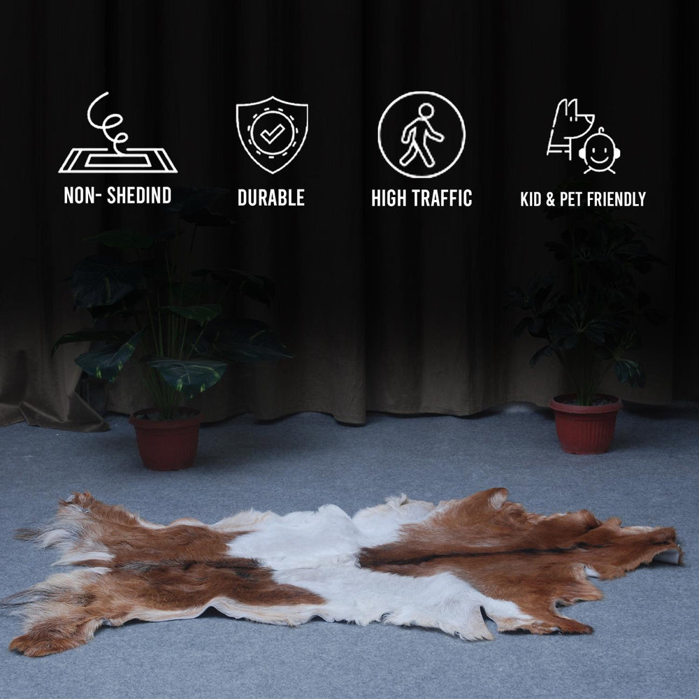 Premium Handcrafted Brown and White Goat Skin Rug - Luxury Hair-on Goatskin Rug for Elegant Spaces - Celestial Leather Limited