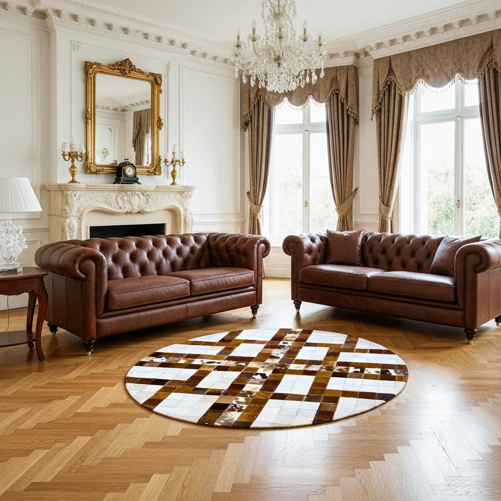 Luxurious Handmade Round Cowhide Patchwork Rug – Genuine Hair-On Hide Cross-Mosaic Leather Floor Rug (9 sq ft)