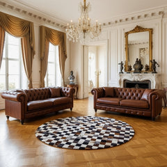 Luxurious Handmade Round Cowhide Patchwork Rug – Genuine Hair-On Hide Micro-Square Leather Floor Rug (9 sq ft)