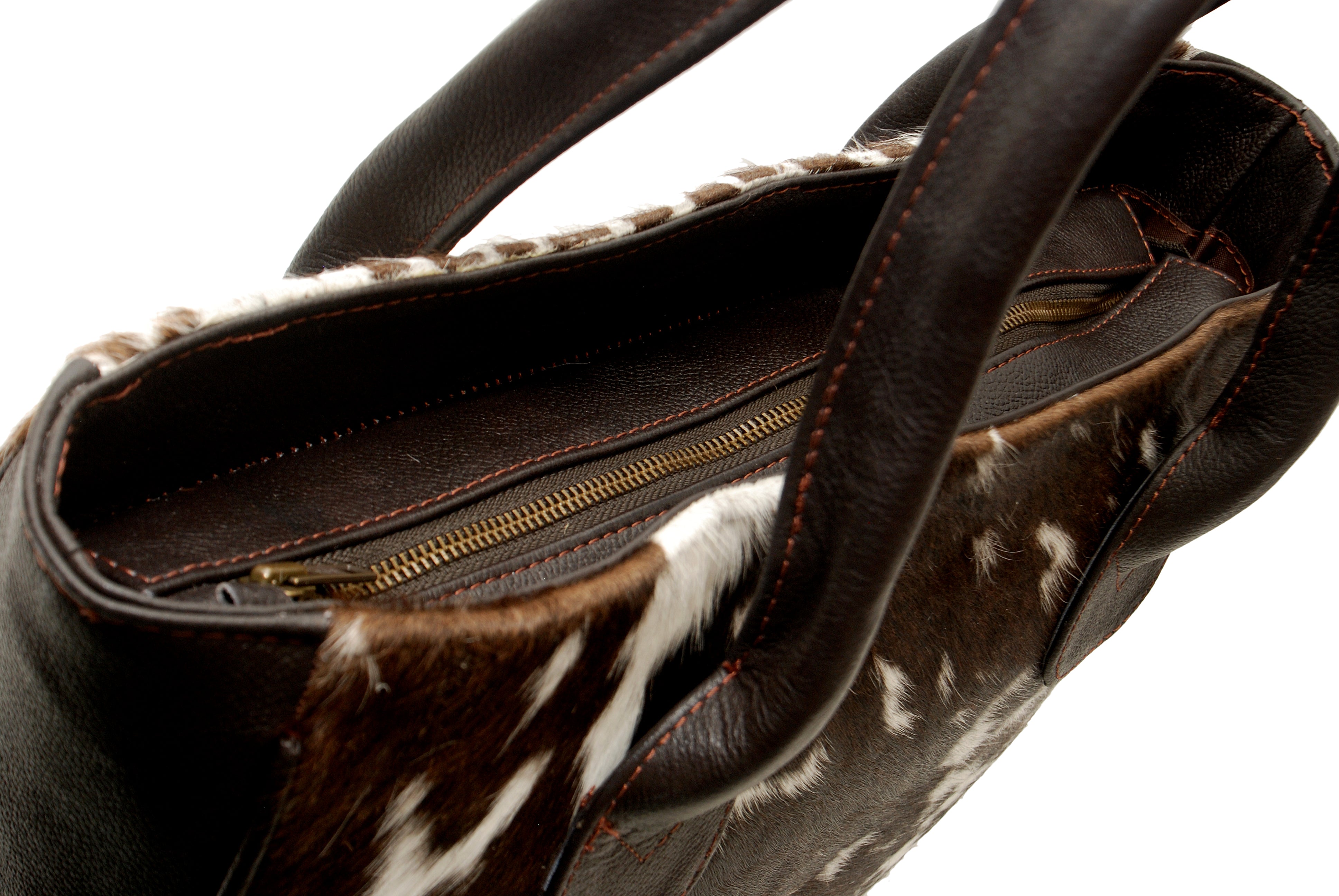 Stylish Brown and White Cowhide Shoulder Bag - Handmade Animal Print Leather Tote with Fast Worldwide Shipping