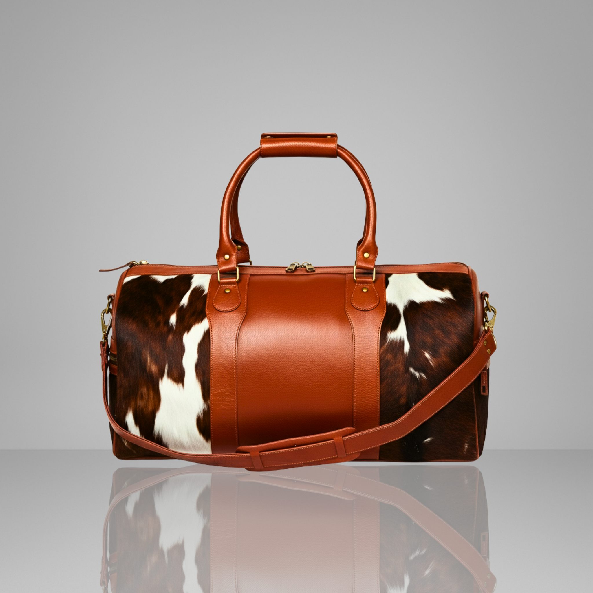 Luxurious Cowhide Leather Travel Duffle Bag with Genuine Full Grain Accents & Natural Pony Hair Fur Finish